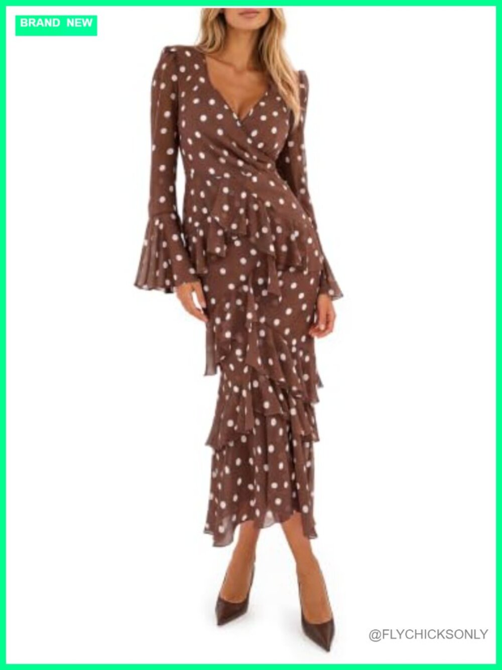 Long Sleeve Maxi Dress Polka Dot Ruffle V Neck High Low